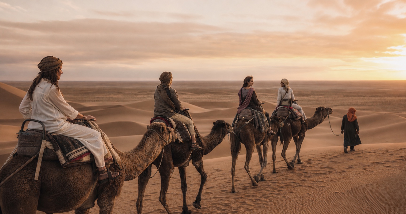 Women traveling by camel through the Sahara in Morocco