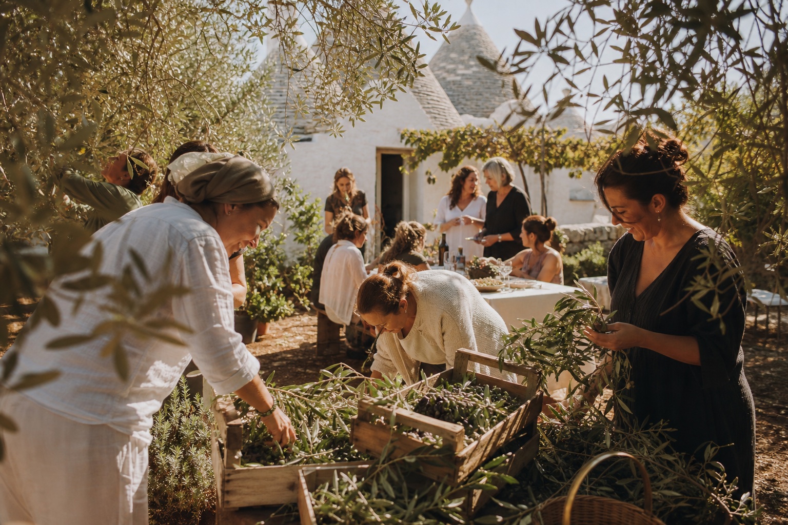 Women sharing an evening beneath ancient olive trees in Puglia