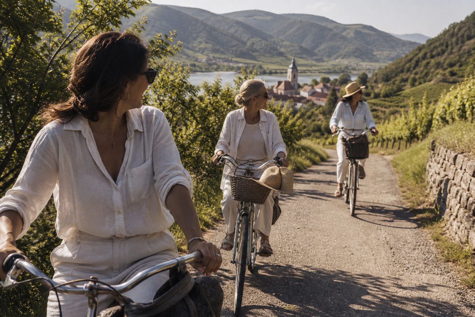 Women bicycling through vineyards in Austria’s Wachau valley